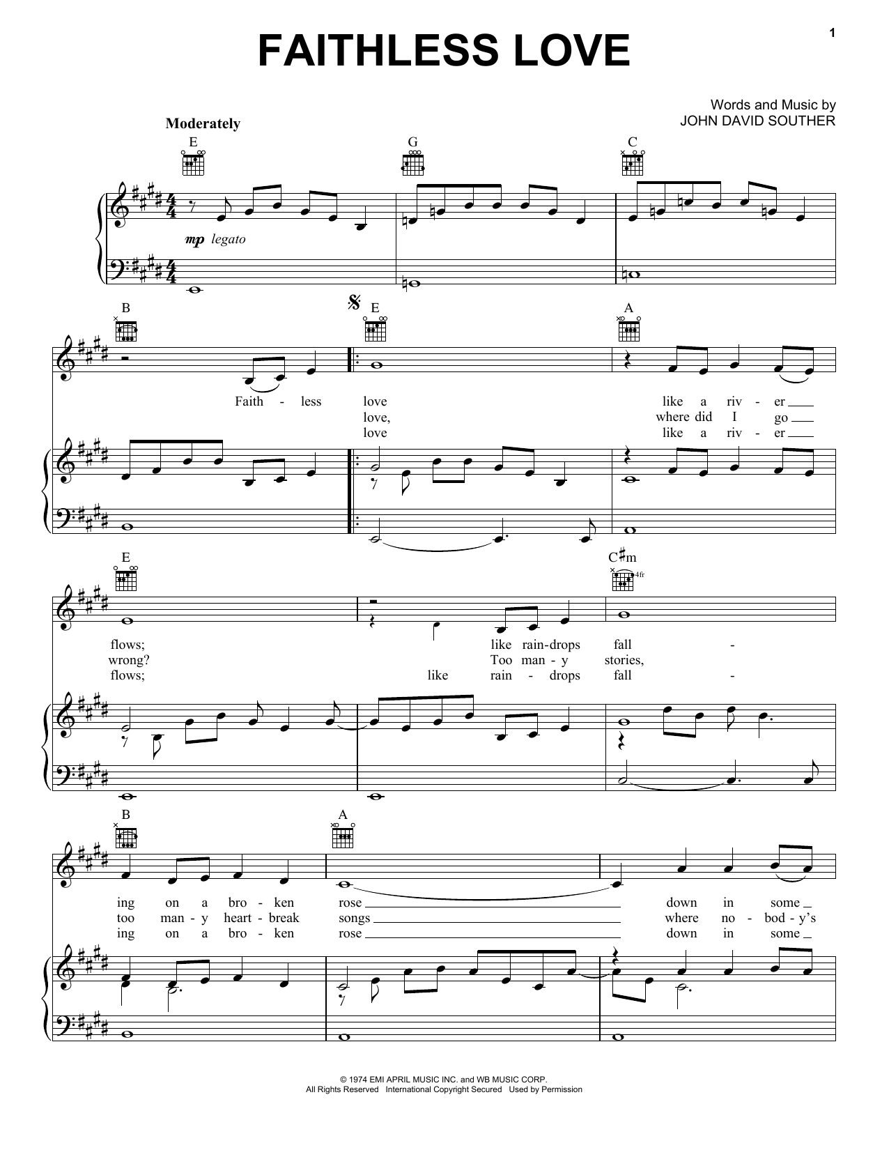 J.D. Souther Faithless Love sheet music notes and chords arranged for Piano, Vocal & Guitar Chords (Right-Hand Melody)