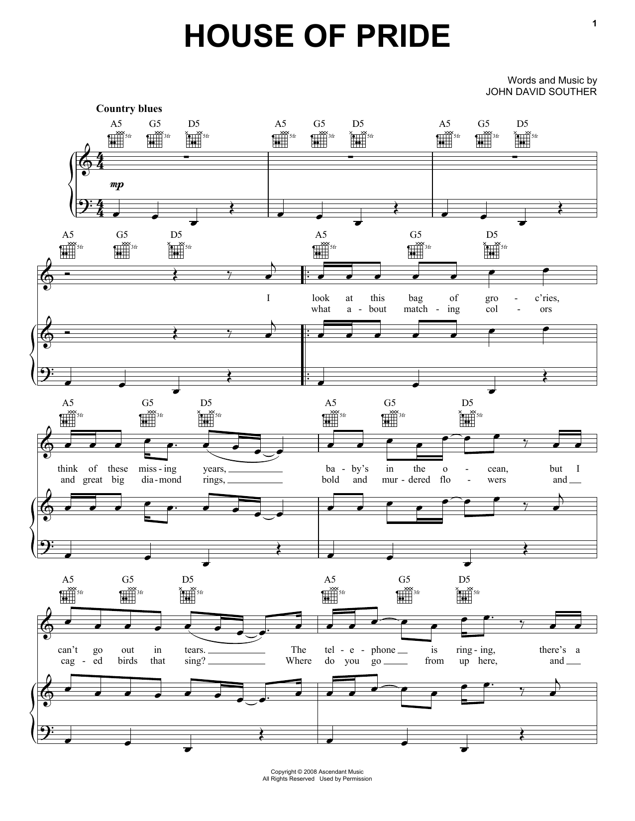 J.D. Souther House Of Pride sheet music notes and chords arranged for Piano, Vocal & Guitar Chords (Right-Hand Melody)