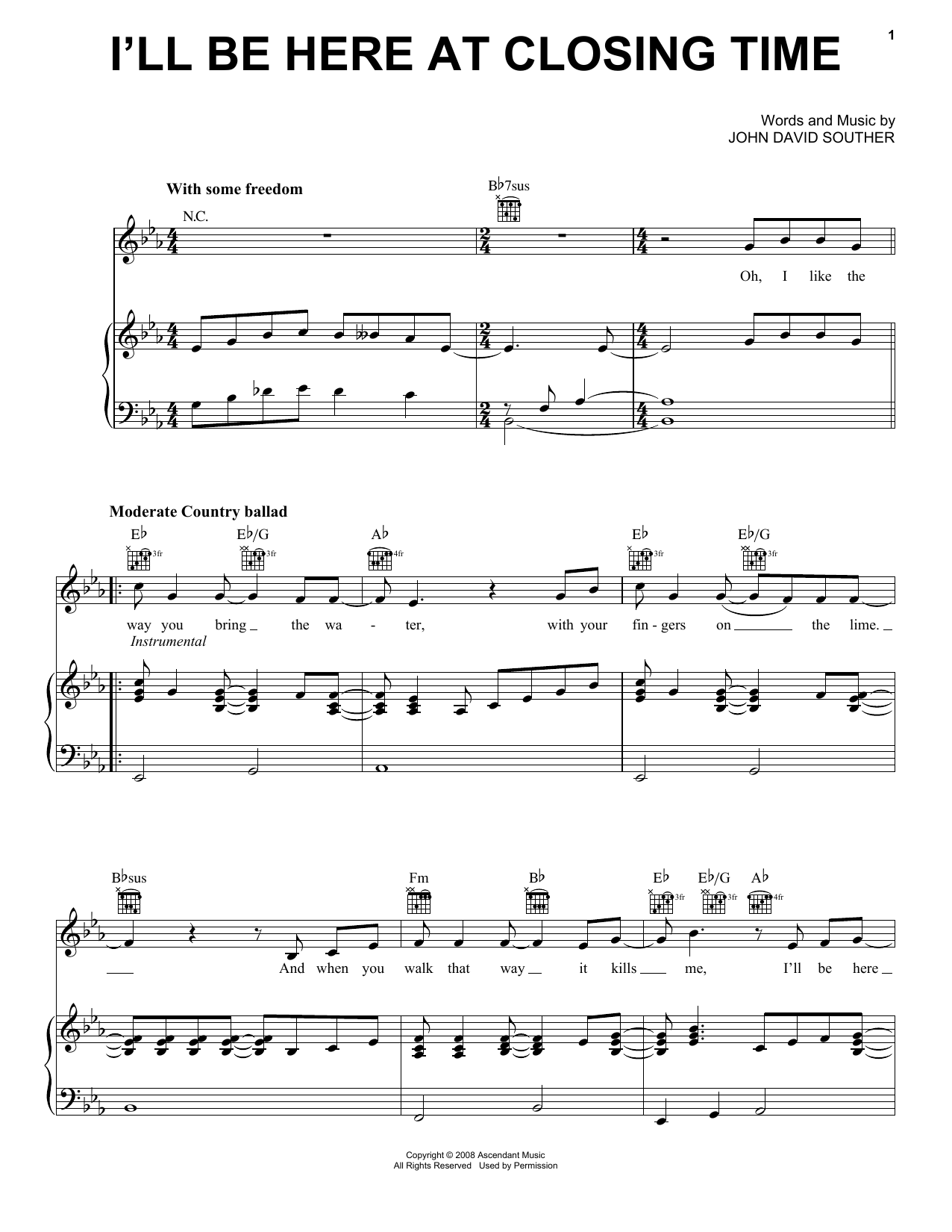 J.D. Souther I'll Be Here At Closing Time sheet music notes and chords arranged for Piano, Vocal & Guitar Chords (Right-Hand Melody)