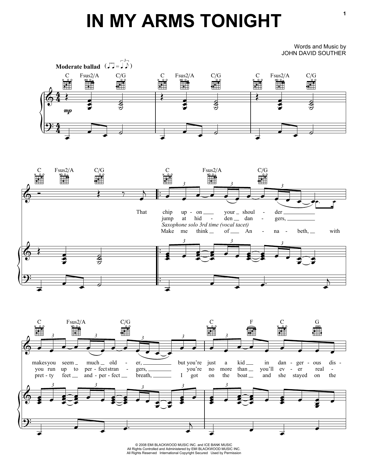 J.D. Souther In My Arms Tonight sheet music notes and chords arranged for Piano, Vocal & Guitar Chords (Right-Hand Melody)