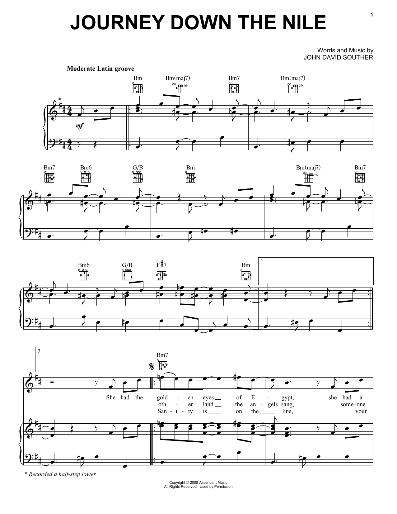 J.D. Souther Journey Down The Nile sheet music notes and chords arranged for Piano, Vocal & Guitar Chords (Right-Hand Melody)