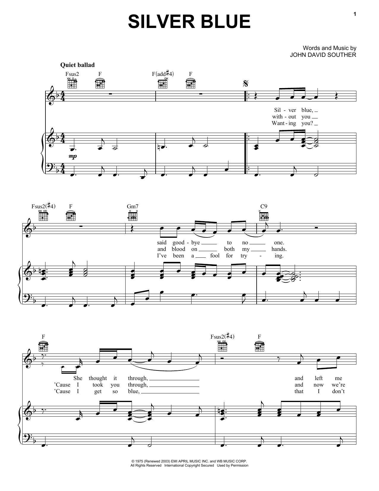 J.D. Souther Silver Blue sheet music notes and chords arranged for Piano, Vocal & Guitar Chords (Right-Hand Melody)