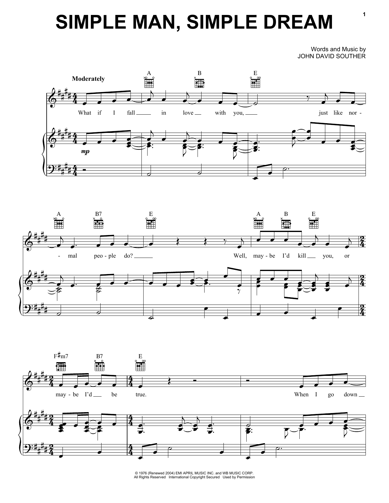 J.D. Souther Simple Man Simple Dream sheet music notes and chords arranged for Piano, Vocal & Guitar Chords (Right-Hand Melody)