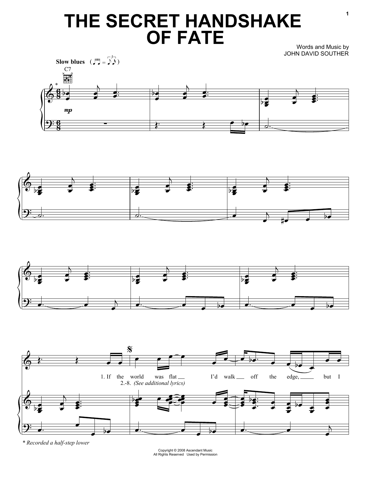 J.D. Souther The Secret Handshake Of Fate sheet music notes and chords arranged for Piano, Vocal & Guitar Chords (Right-Hand Melody)