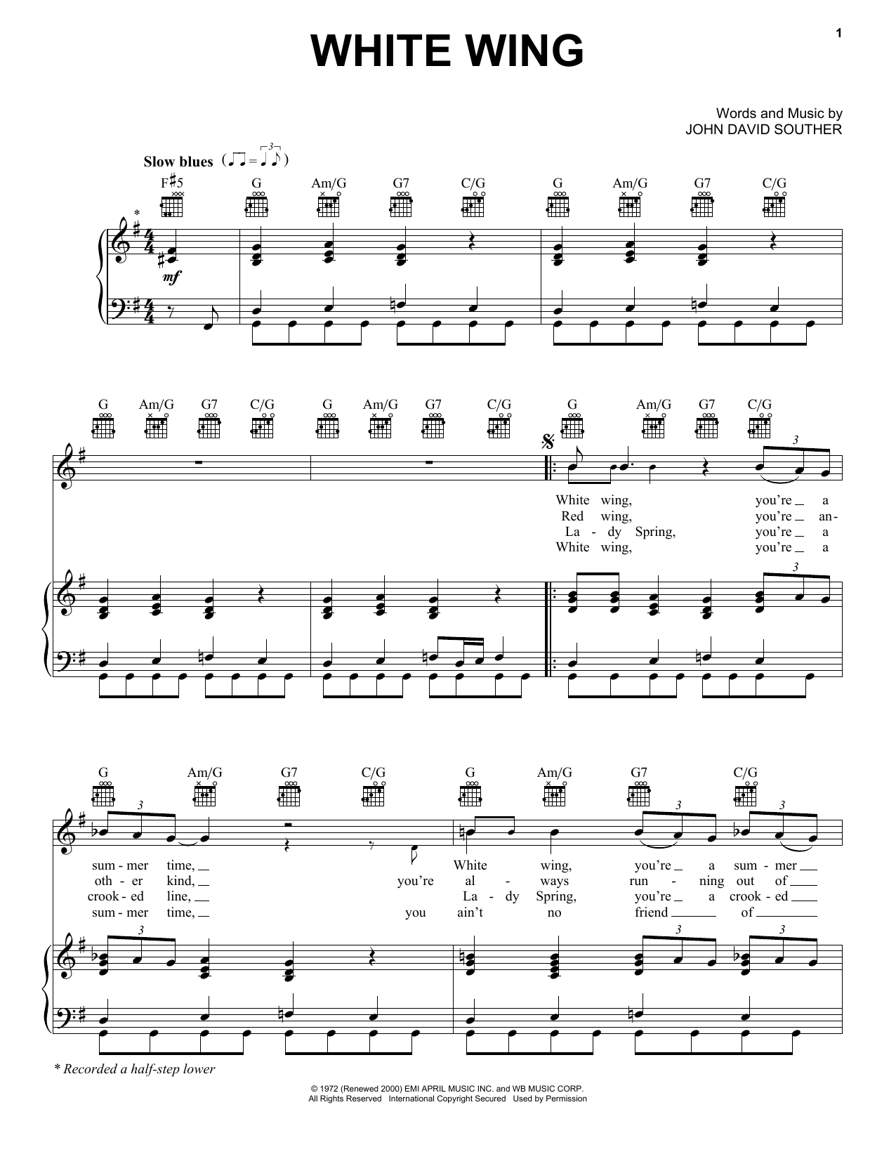 J.D. Souther White Wing sheet music notes and chords arranged for Piano, Vocal & Guitar Chords (Right-Hand Melody)