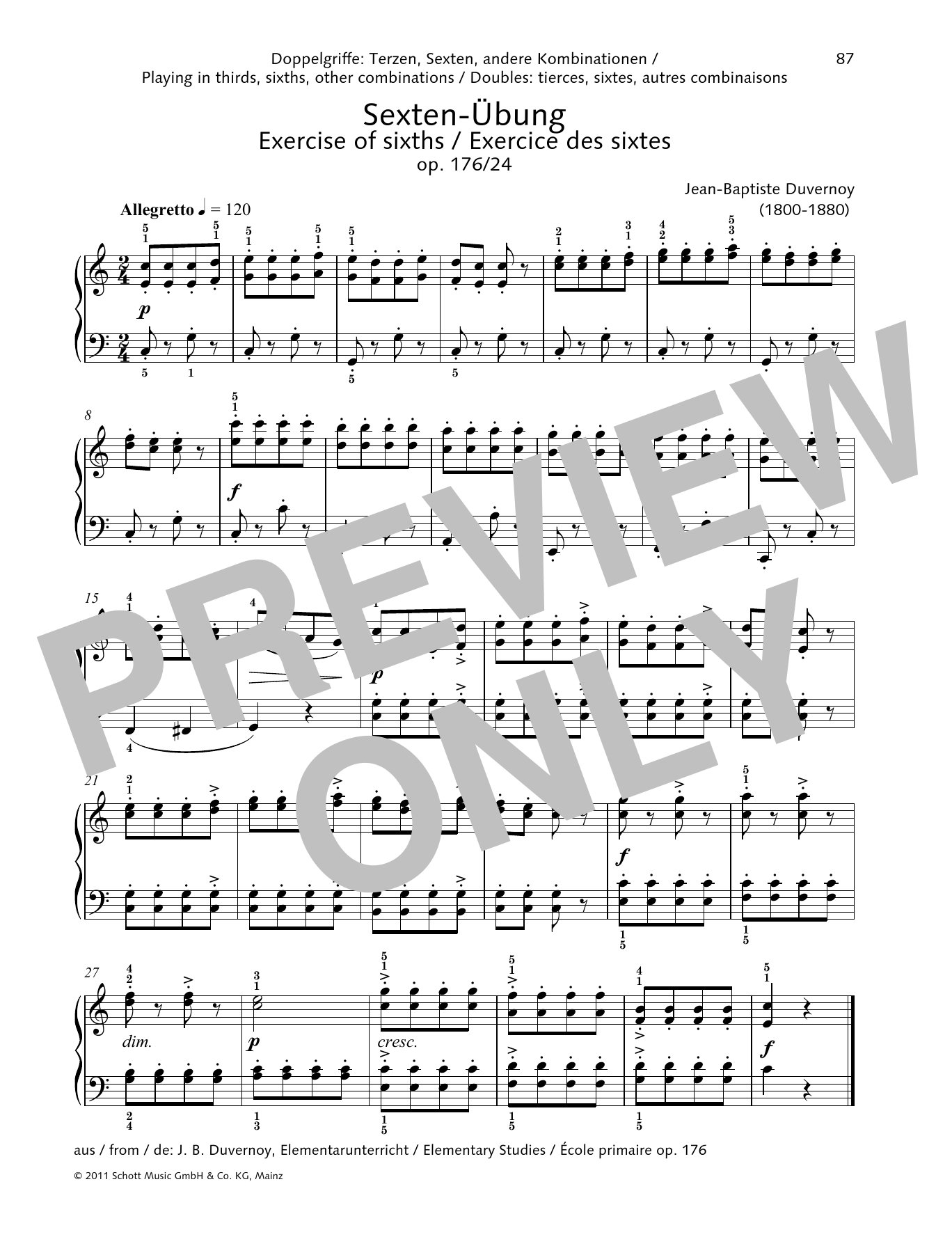 Jean-Baptiste Duvernoy Exercise of sixths sheet music notes and chords arranged for Piano Solo