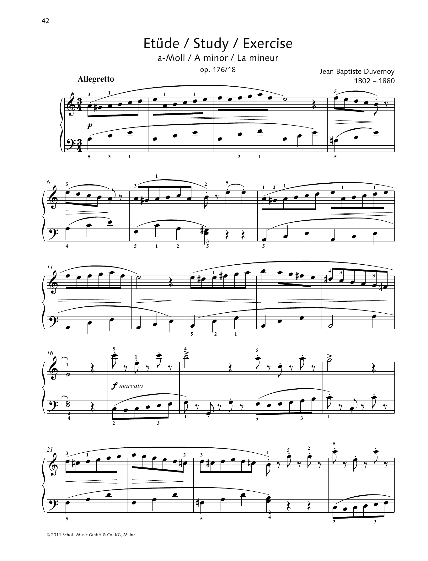 Jean-Baptiste Duvernoy Study A minor sheet music notes and chords arranged for Piano Solo