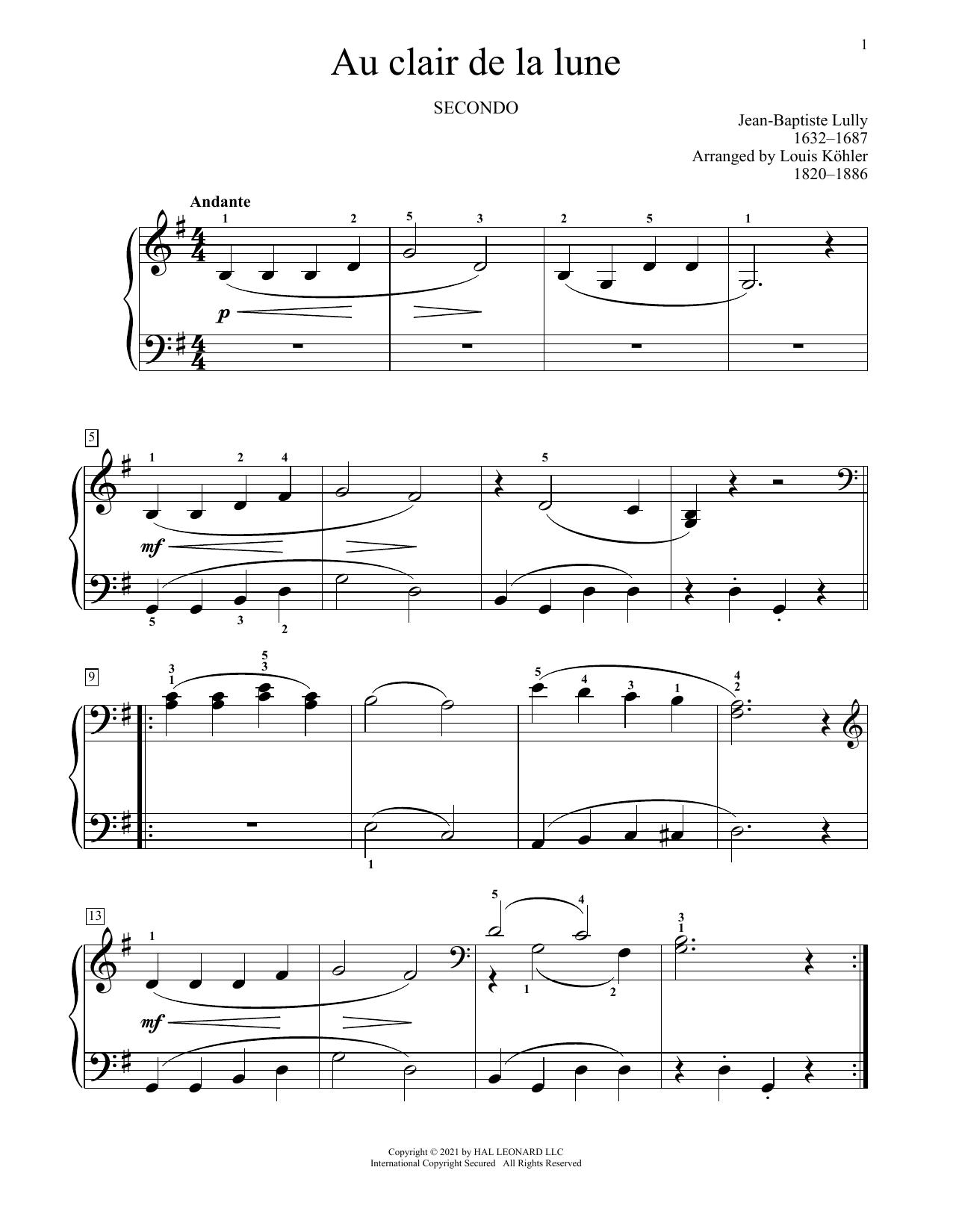Jean-Baptiste Lully Au Clair De La Lune sheet music notes and chords arranged for Piano Duet