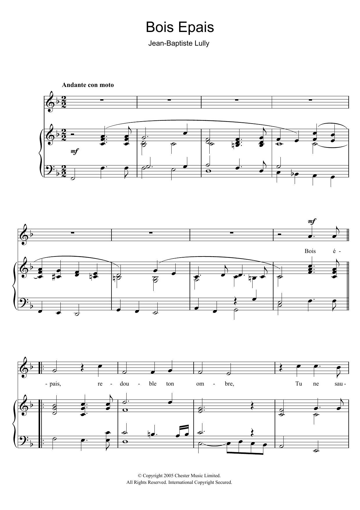 Jean-Baptiste Lully Bois Epais (from Amadis) sheet music notes and chords arranged for Piano & Vocal