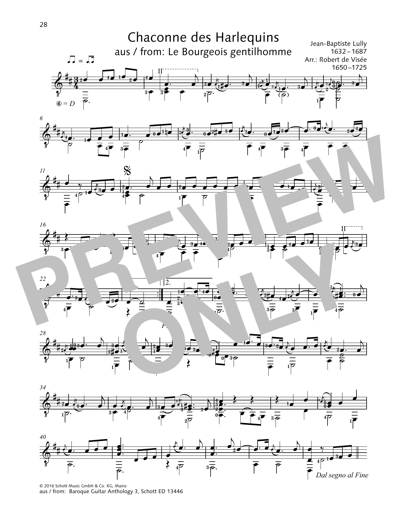 Jean-Baptiste Lully Chaconne des Harlequins sheet music notes and chords arranged for Solo Guitar