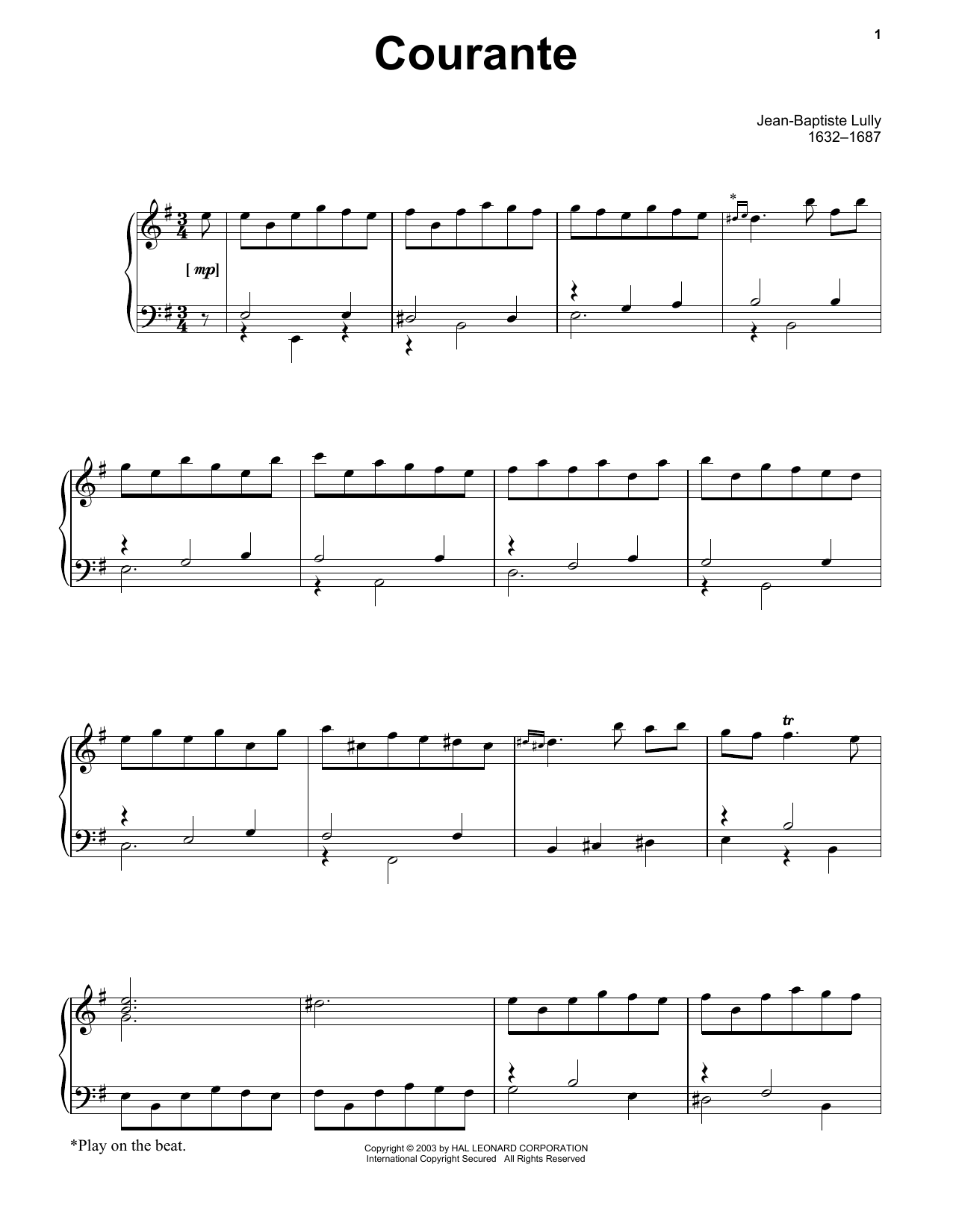 Jean-Baptiste Lully Courante sheet music notes and chords arranged for Piano Solo