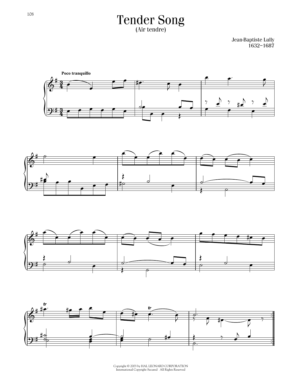 Jean-Baptiste Lully Tender Song (Air Tendre) sheet music notes and chords arranged for Piano Solo
