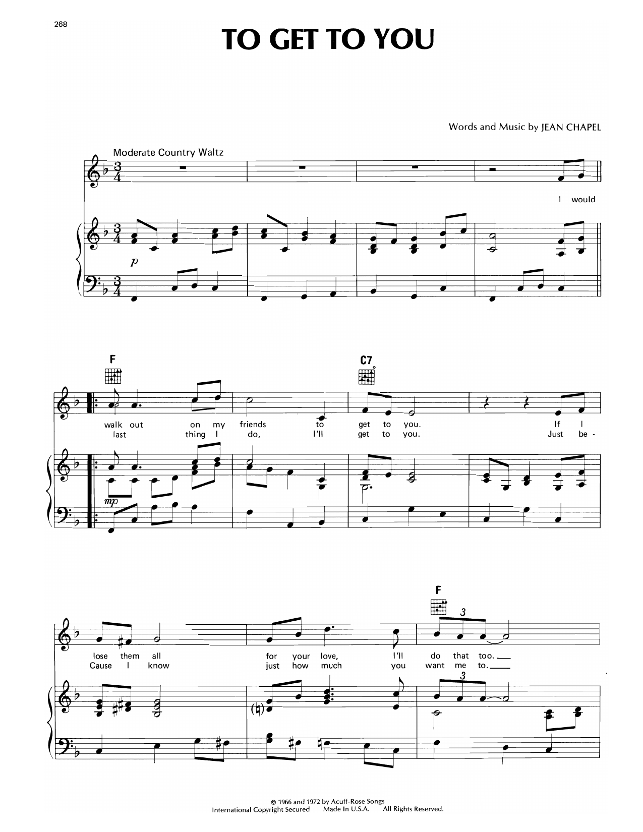Jean Chapel To Get To You sheet music notes and chords arranged for Piano, Vocal & Guitar Chords (Right-Hand Melody)