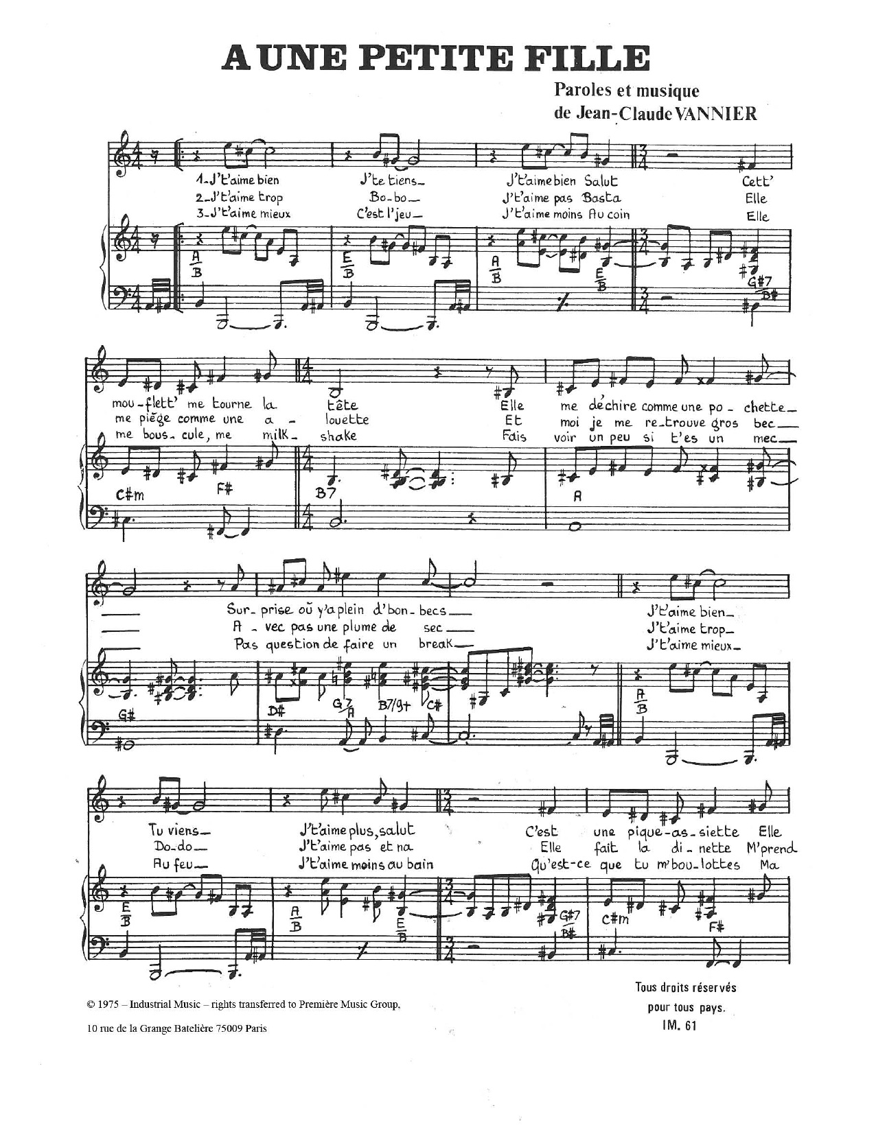 Jean-Claude Vannier A Une Petite Fille sheet music notes and chords arranged for Piano & Vocal