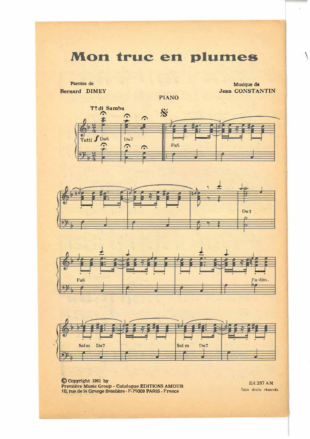 Jean Constantin Mon Truc En Plumes sheet music notes and chords arranged for Piano & Vocal