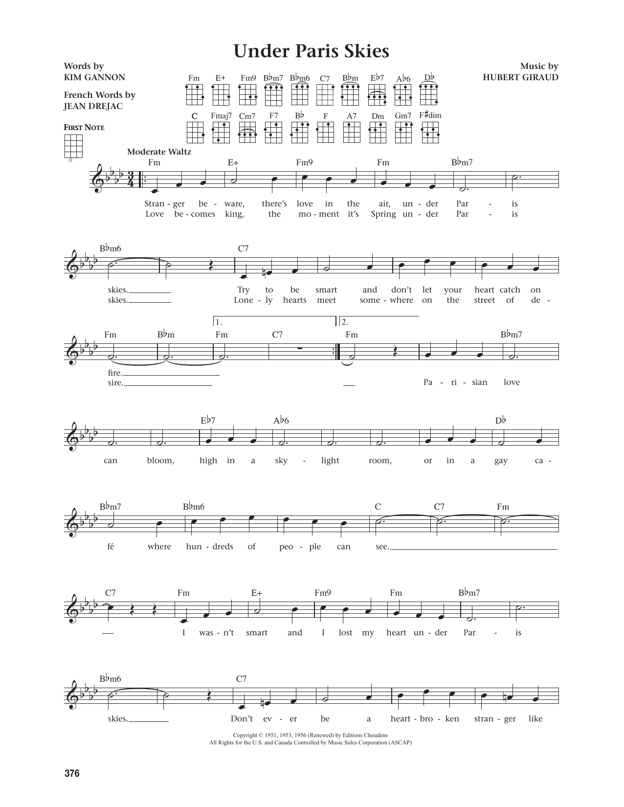 Jean Drejac Under Paris Skies (from The Daily Ukulele) (arr. Jim Beloff) sheet music notes and chords arranged for Ukulele