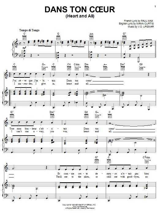 Jean Ducloux Dans Ton Coeur (Heart And All) sheet music notes and chords arranged for Piano, Vocal & Guitar Chords (Right-Hand Melody)