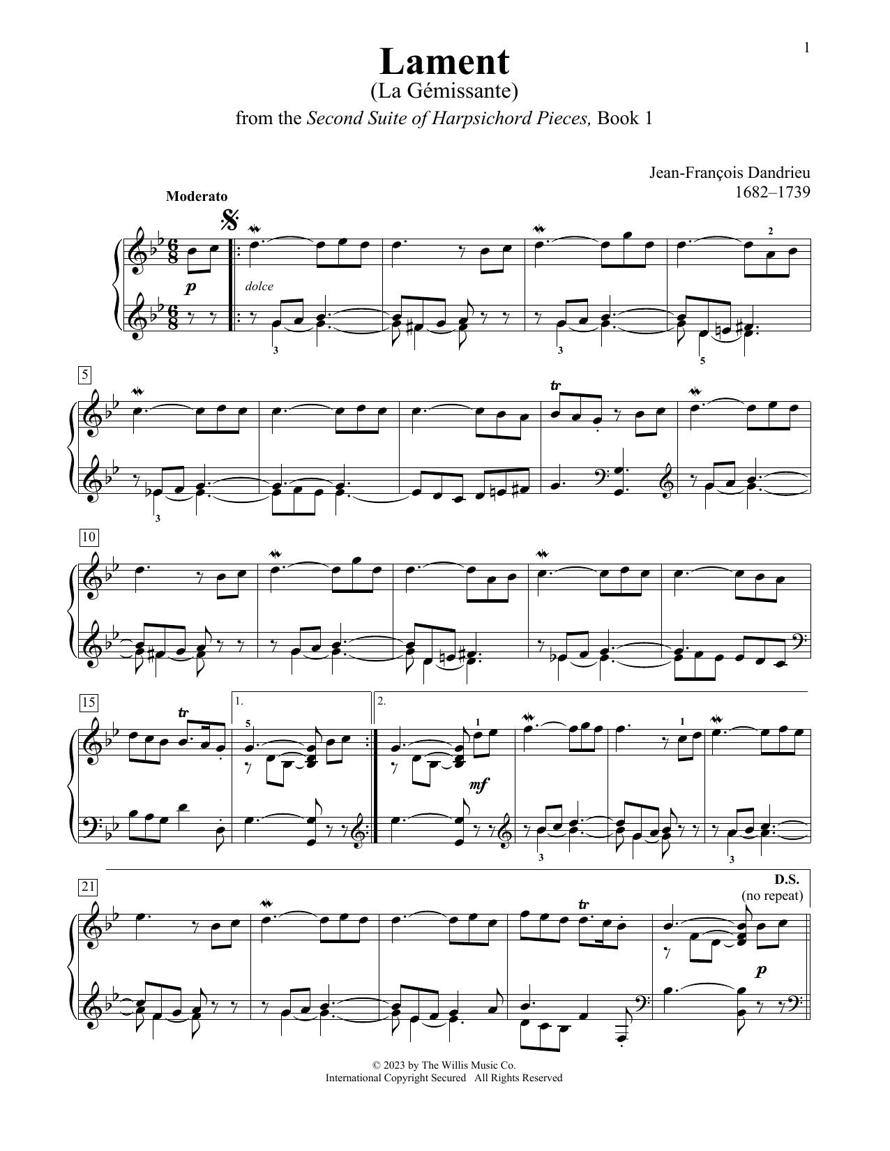 Jean-Francois Dandrieu Lament (La Gemissante) sheet music notes and chords arranged for Educational Piano
