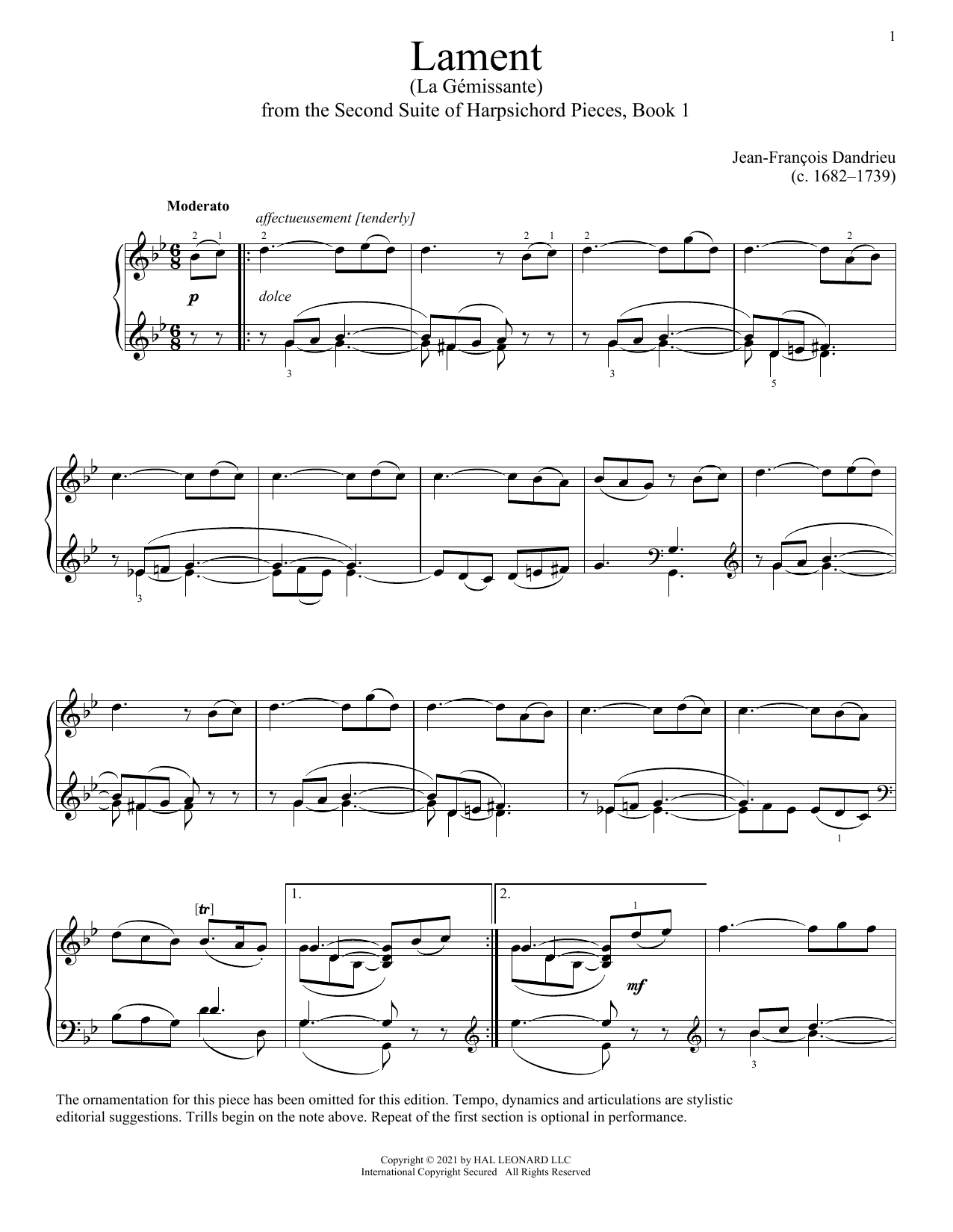 Jean-Francois Dandrieu Lament sheet music notes and chords arranged for Piano Solo