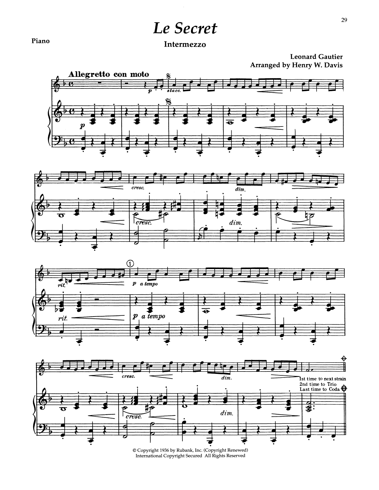 Jean-Francois Eugene Gautier The Secret (Le Secret) sheet music notes and chords arranged for Alto Sax and Piano