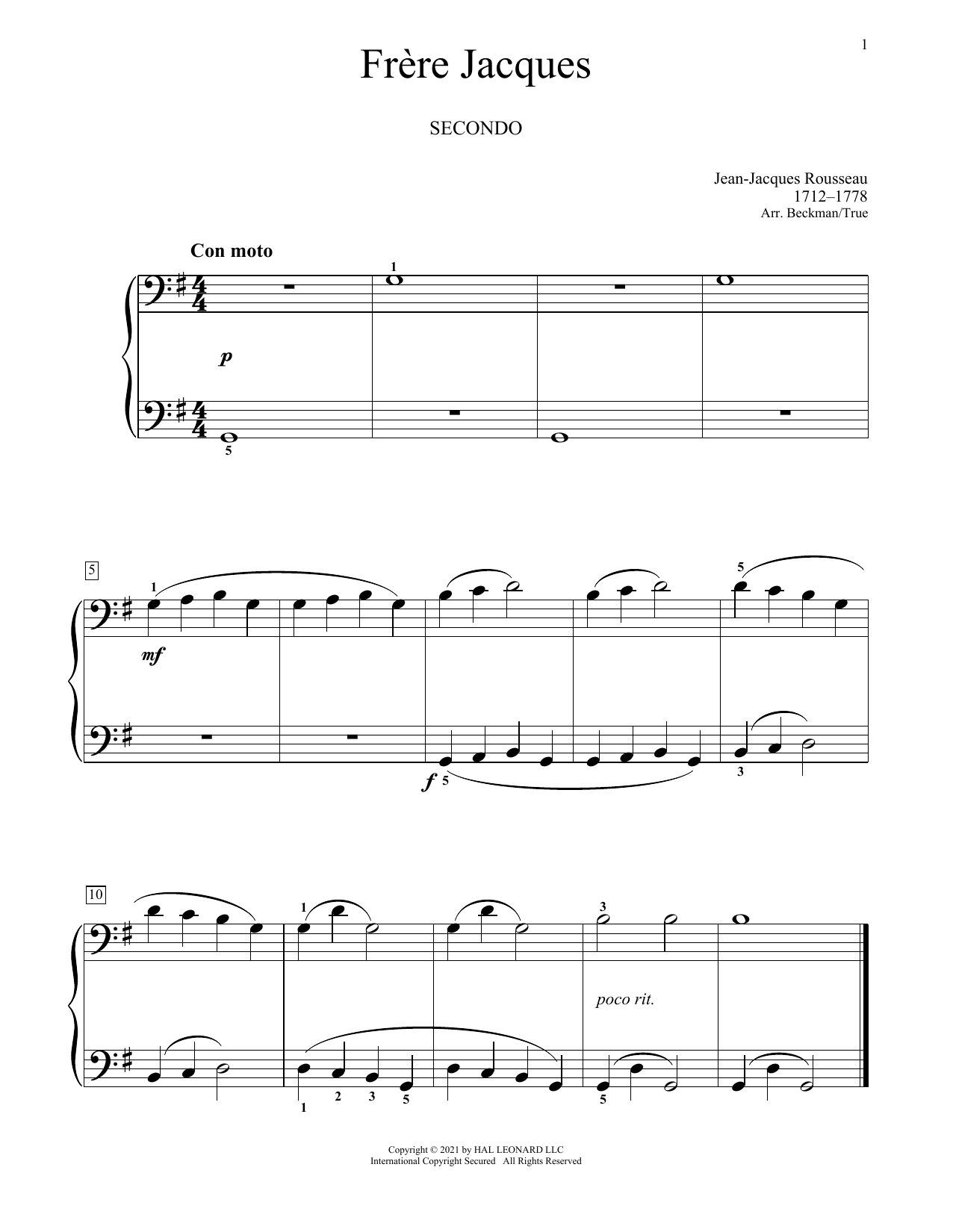 Jean-Jacques Rousseau Frere Jacques sheet music notes and chords arranged for Piano Duet