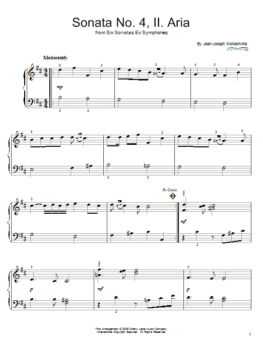 Jean-Joseph Mondonville Sonata No. 4, II. Aria sheet music notes and chords arranged for Easy Piano