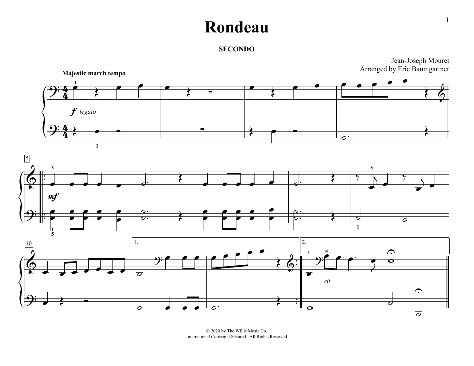 Jean-Joseph Mouret Rondeau (arr. Eric Baumgartner) sheet music notes and chords arranged for Piano Duet