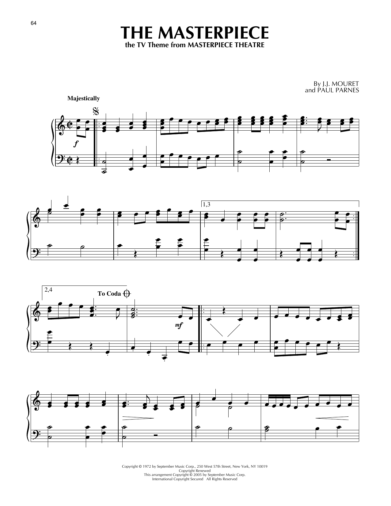J.J. Mouret The Masterpiece (theme from Masterpiece Theatre) sheet music notes and chords arranged for Piano Solo