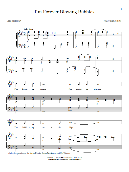 Jean Kenbrovin I'm Forever Blowing Bubbles sheet music notes and chords arranged for Piano & Vocal