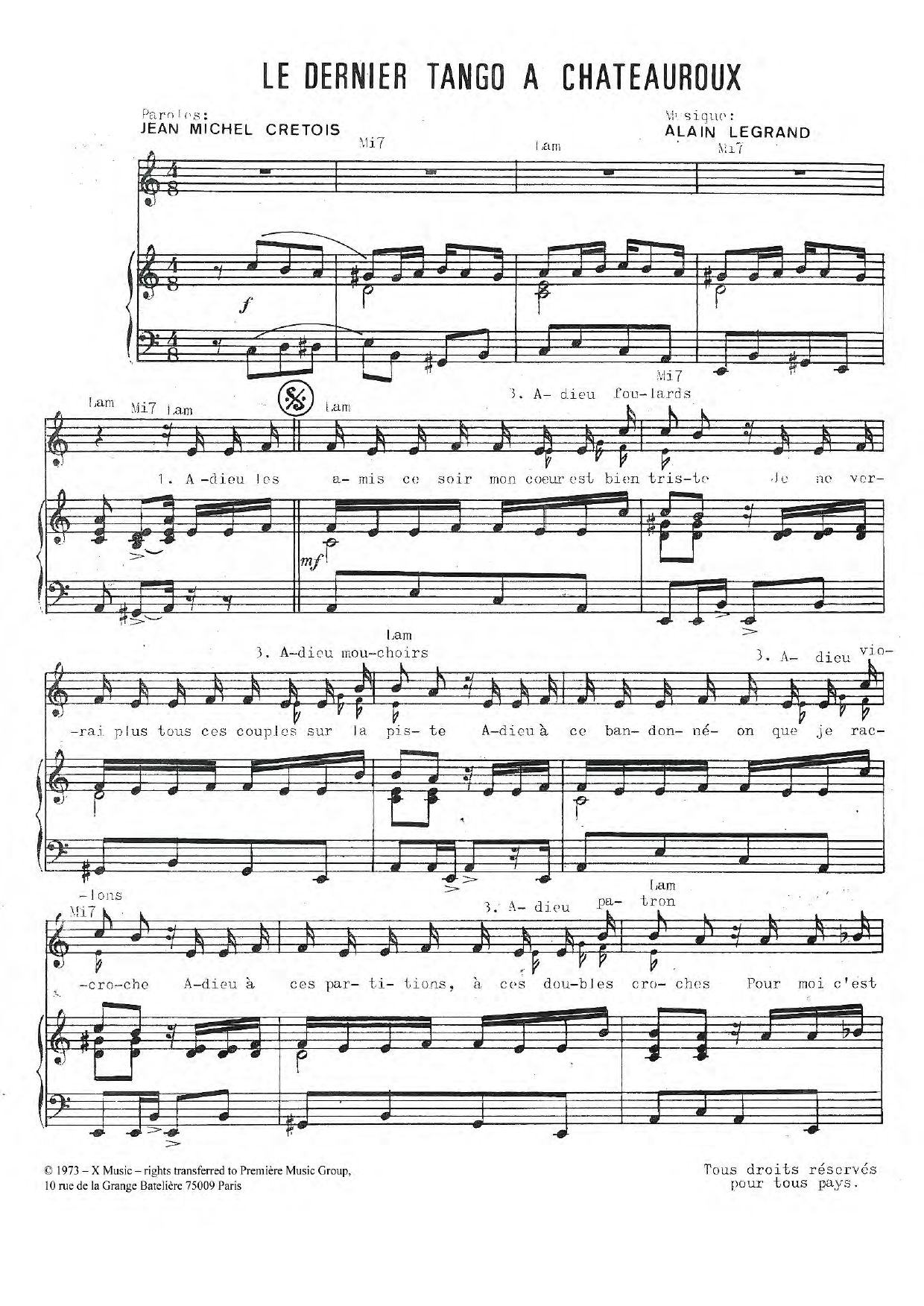 Jean Legrand Le Dernier Tango A Chateauroux sheet music notes and chords arranged for Piano & Vocal
