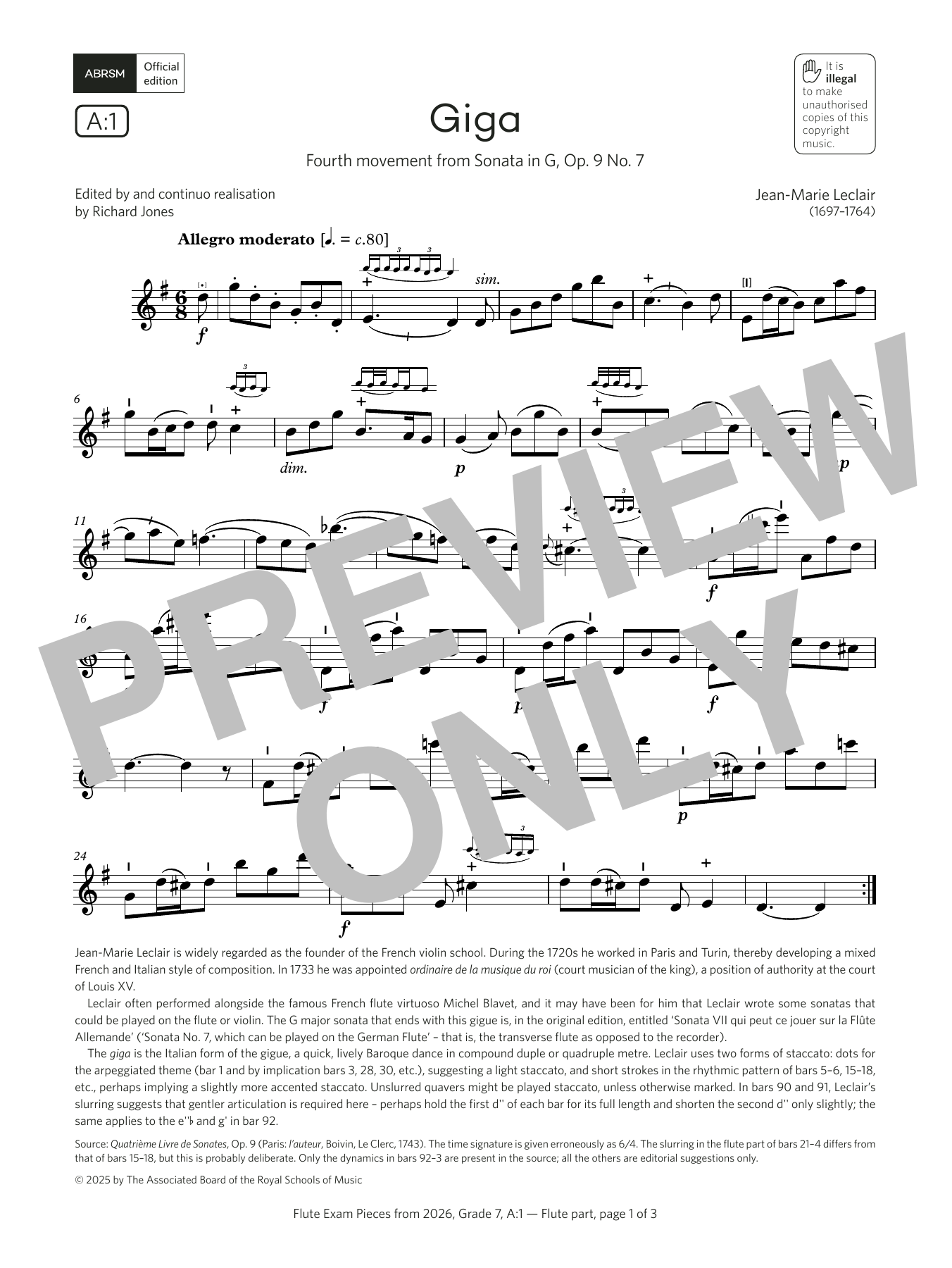 Jean-Marie LeClair Giga (Grade 7, list A1, from the ABRSM Flute Syllabus from 2026) sheet music notes and chords arranged for Flute Solo