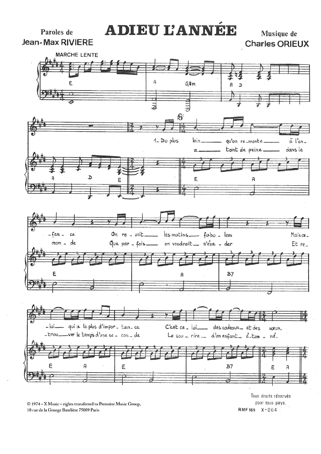 Jean-Max Riviere Adieu L'annee sheet music notes and chords arranged for Piano & Vocal