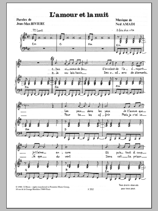 Jean-Max Riviere Amour Et La Nuit sheet music notes and chords arranged for Piano & Vocal