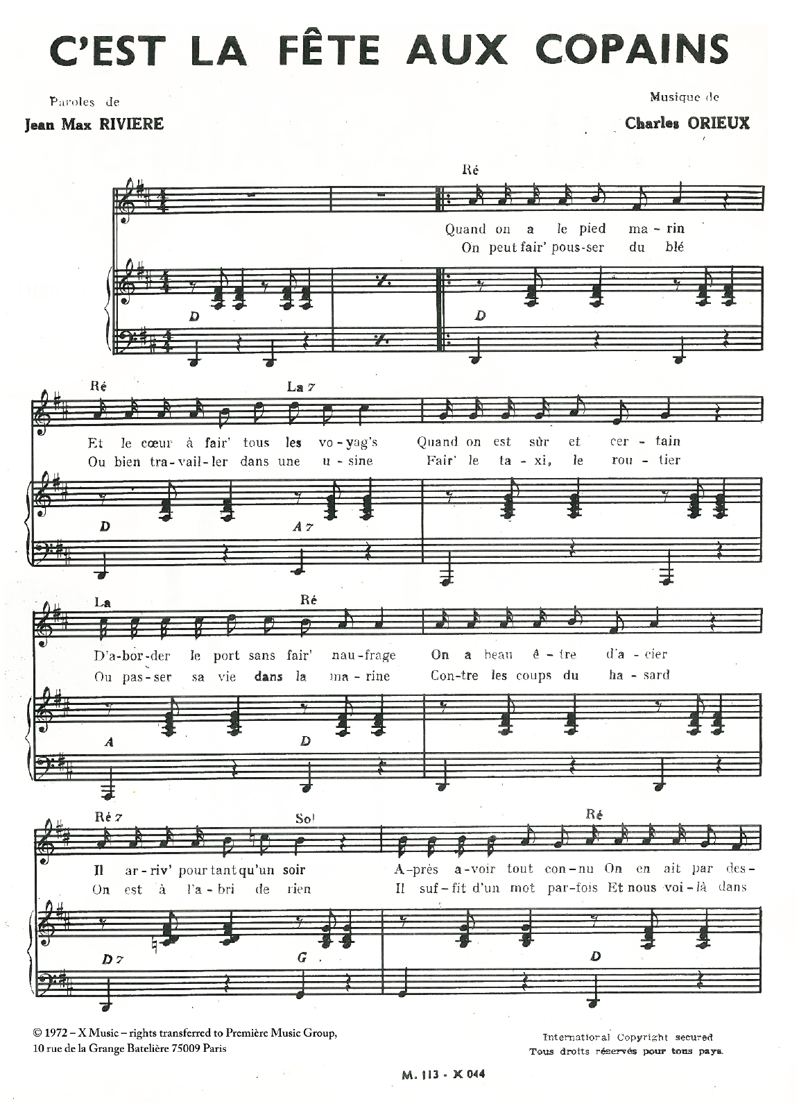 Jean-Max Riviere C'est La Fete Aux Copains sheet music notes and chords arranged for Piano & Vocal