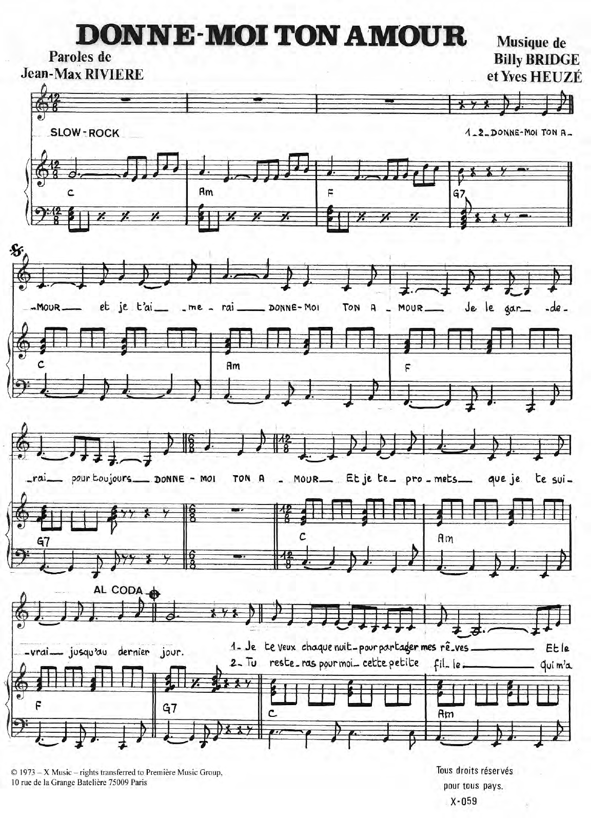 Jean-Max Riviere Donne-Moi Ton Amour sheet music notes and chords arranged for Piano & Vocal