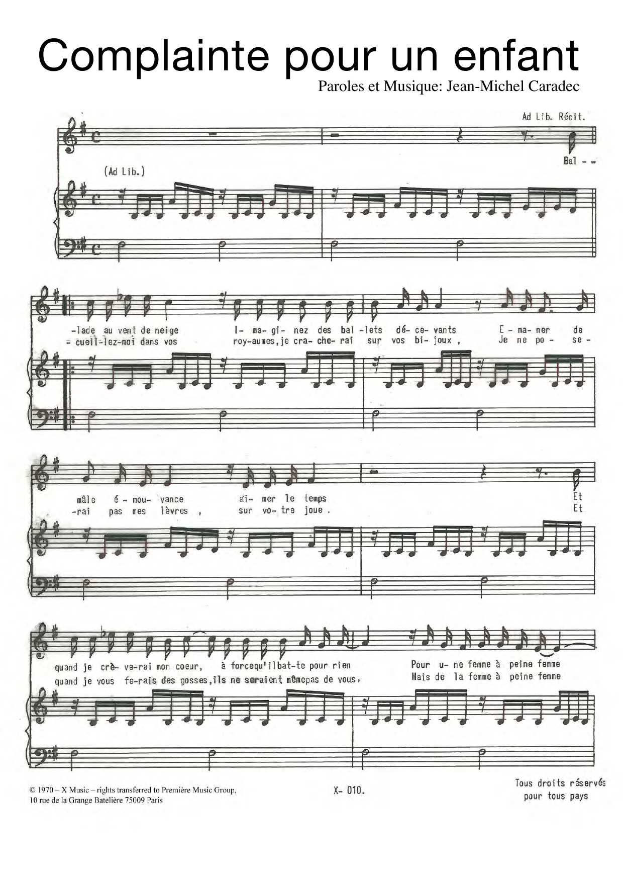 Jean-Michel Caradec Complainte Pour Un Enfant sheet music notes and chords arranged for Piano & Vocal