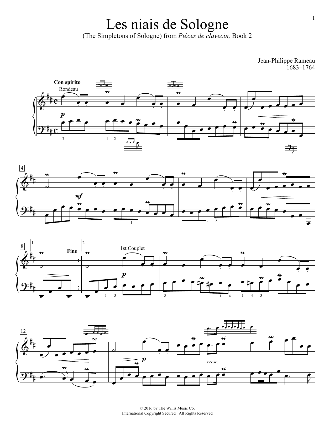 Jean-Philippe Rameau Les niais de Sologne (The Simpletons Of Sologne) sheet music notes and chords arranged for Educational Piano