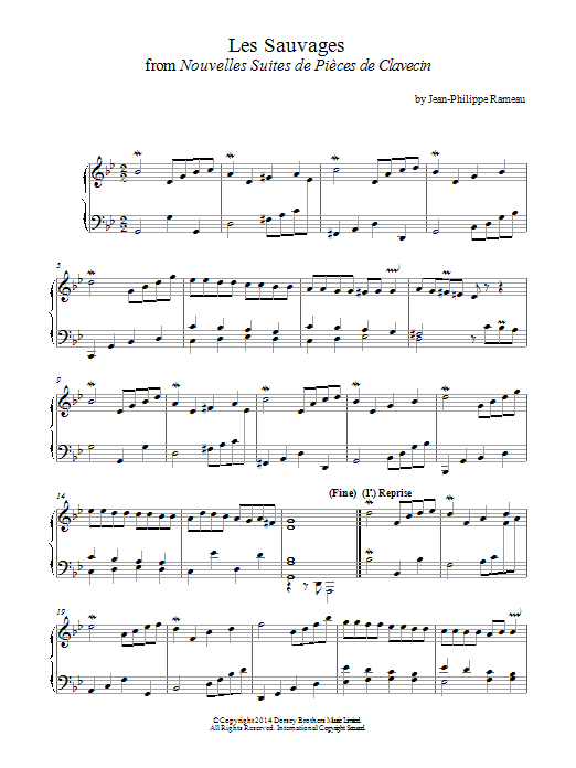 Jean-Philippe Rameau Les Sauvages From Nouvelles Suites De Pieces De Clavecin sheet music notes and chords arranged for Piano Solo