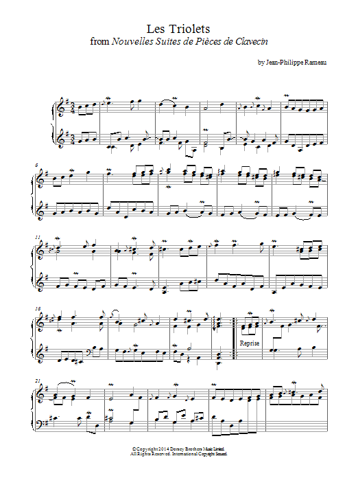 Jean-Philippe Rameau Les Triolets From Nouvelles Suites De Pieces De Clavecin sheet music notes and chords arranged for Piano Solo