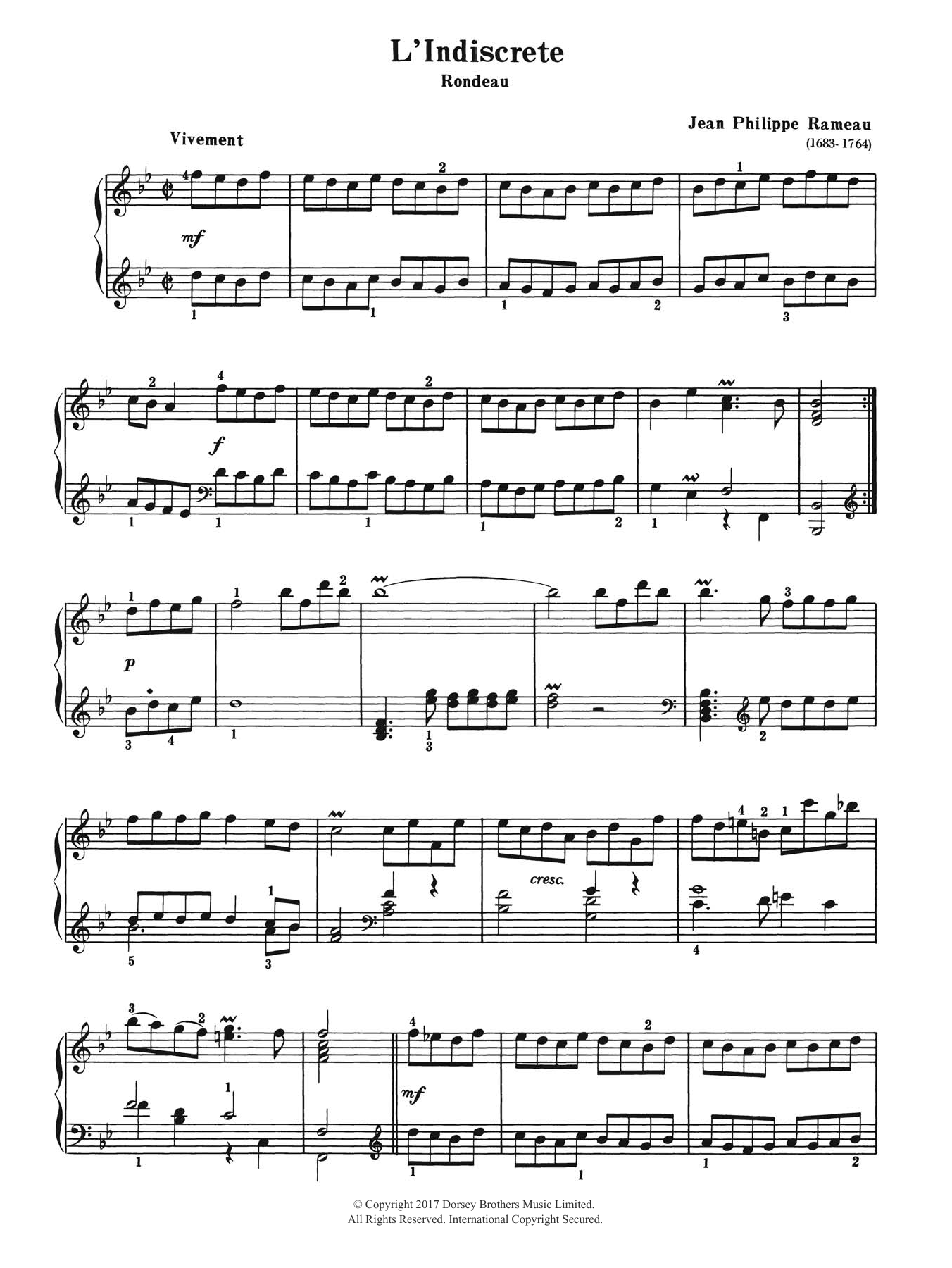 Jean-Philippe Rameau L'Indiscrete (Rondeau) sheet music notes and chords arranged for Piano Solo