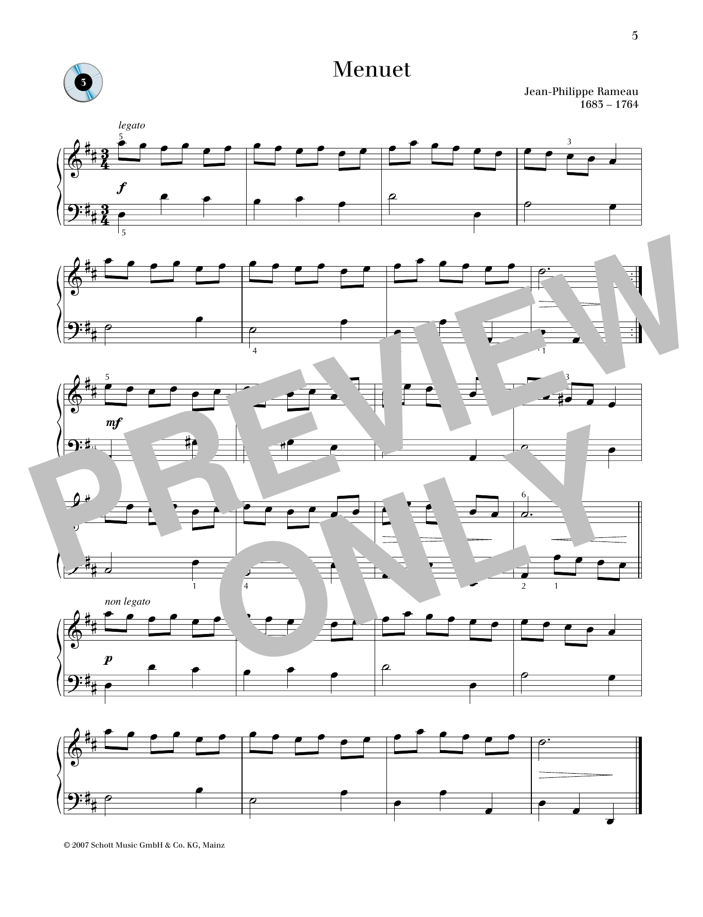 Jean-Philippe Rameau Minuet D major sheet music notes and chords arranged for Piano Solo