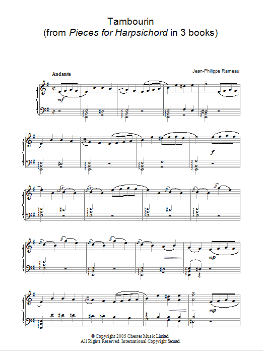Jean-Philippe Rameau Tambourin sheet music notes and chords arranged for Piano Solo