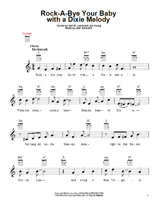 Jean Schwartz Rock-A-Bye Your Baby With A Dixie Melody sheet music notes and chords arranged for Ukulele