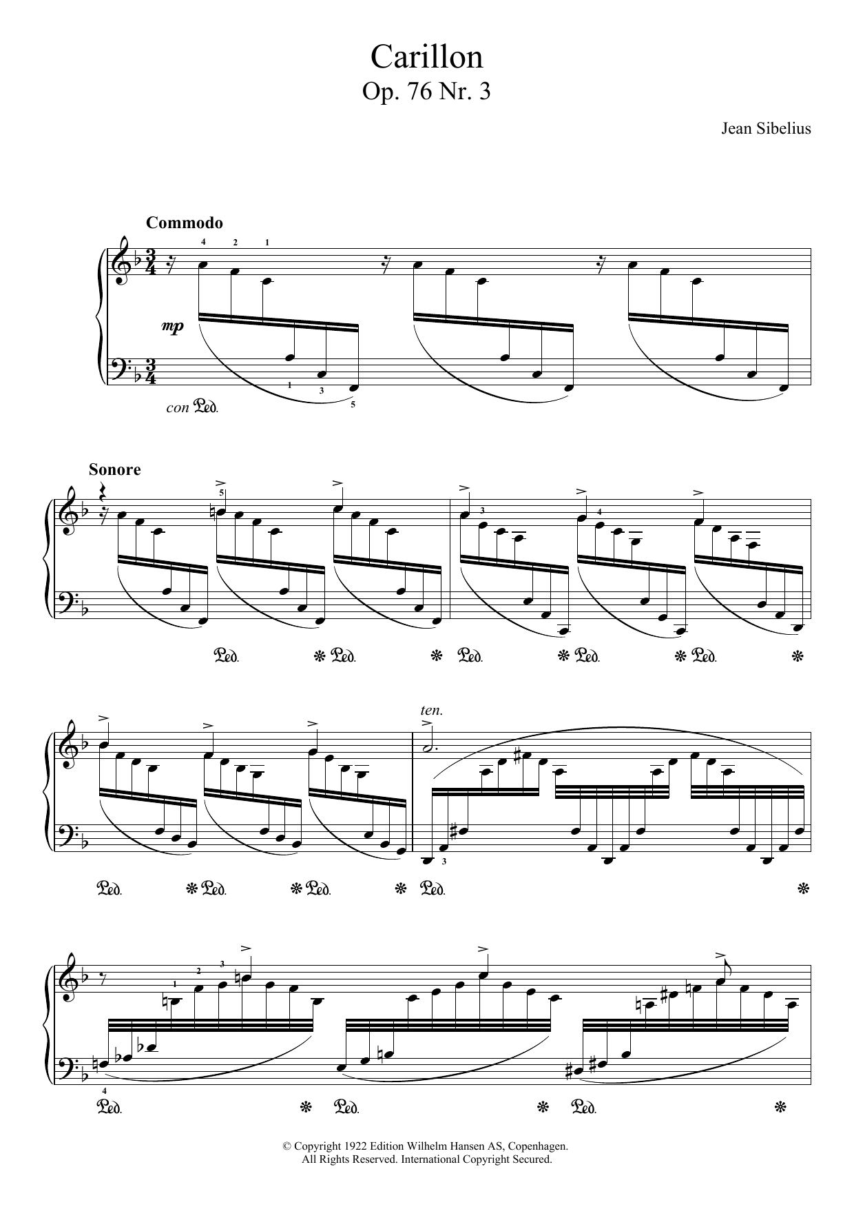 Jean Sibelius 13 Morceaux, Op.76 - III. Carillon sheet music notes and chords arranged for Piano Solo