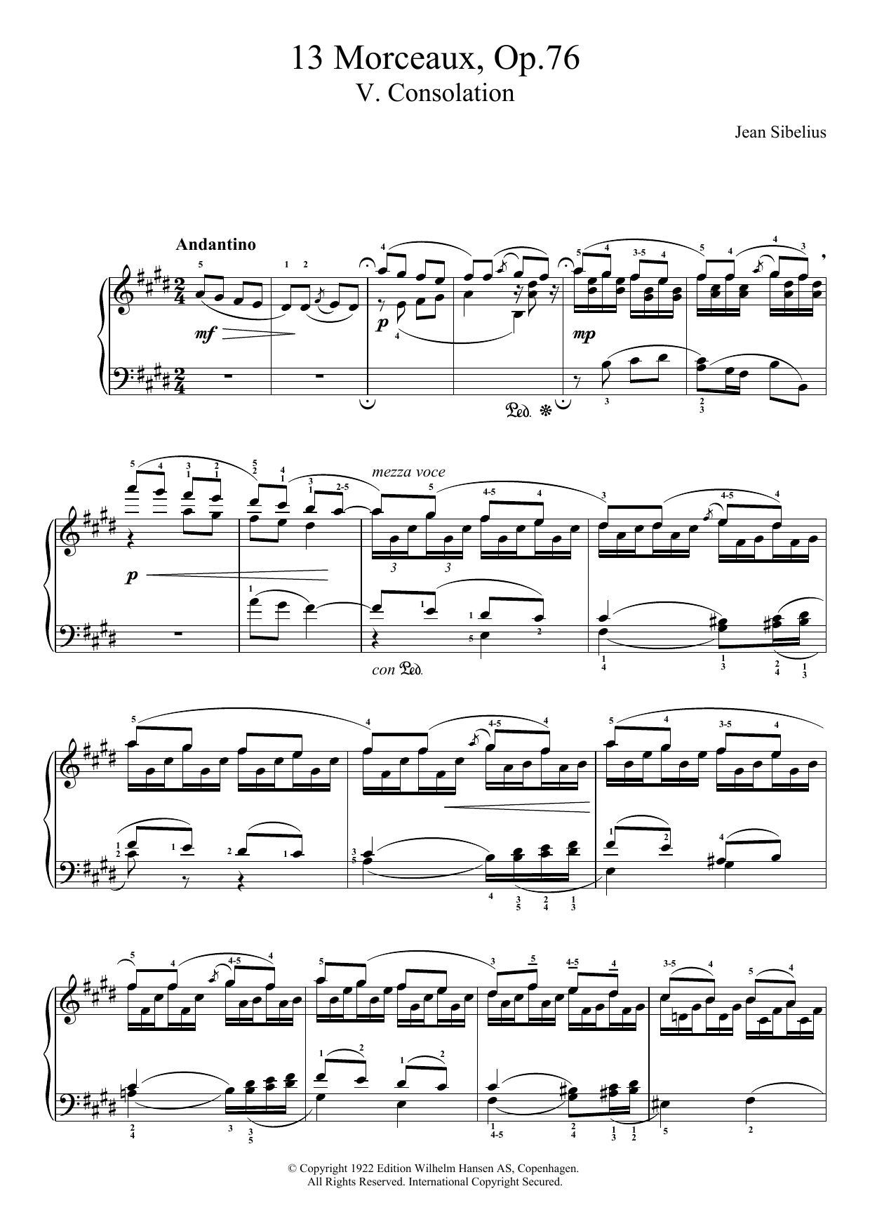 Jean Sibelius 13 Morceaux, Op.76 - V. Consolation sheet music notes and chords arranged for Piano Solo