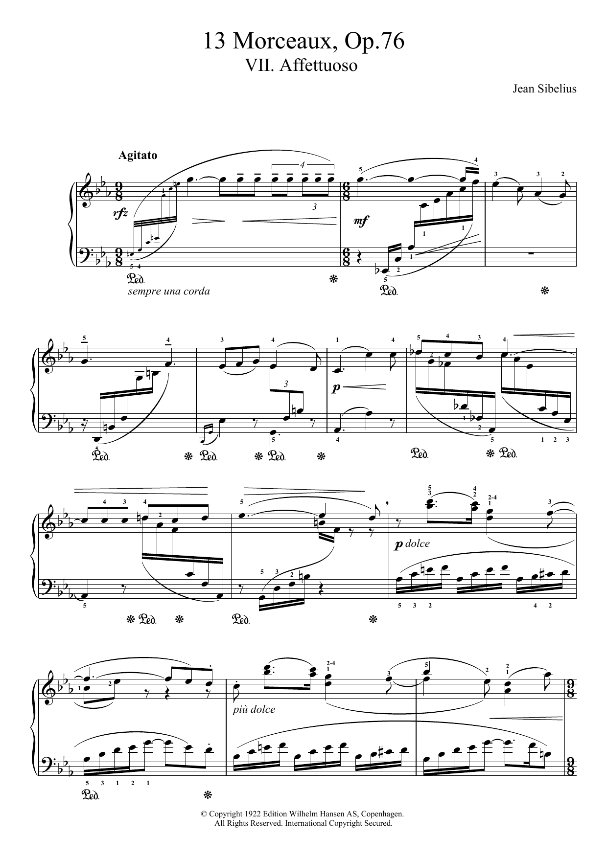 Jean Sibelius 13 Morceaux, Op.76 - VII. Affettuoso sheet music notes and chords arranged for Piano Solo