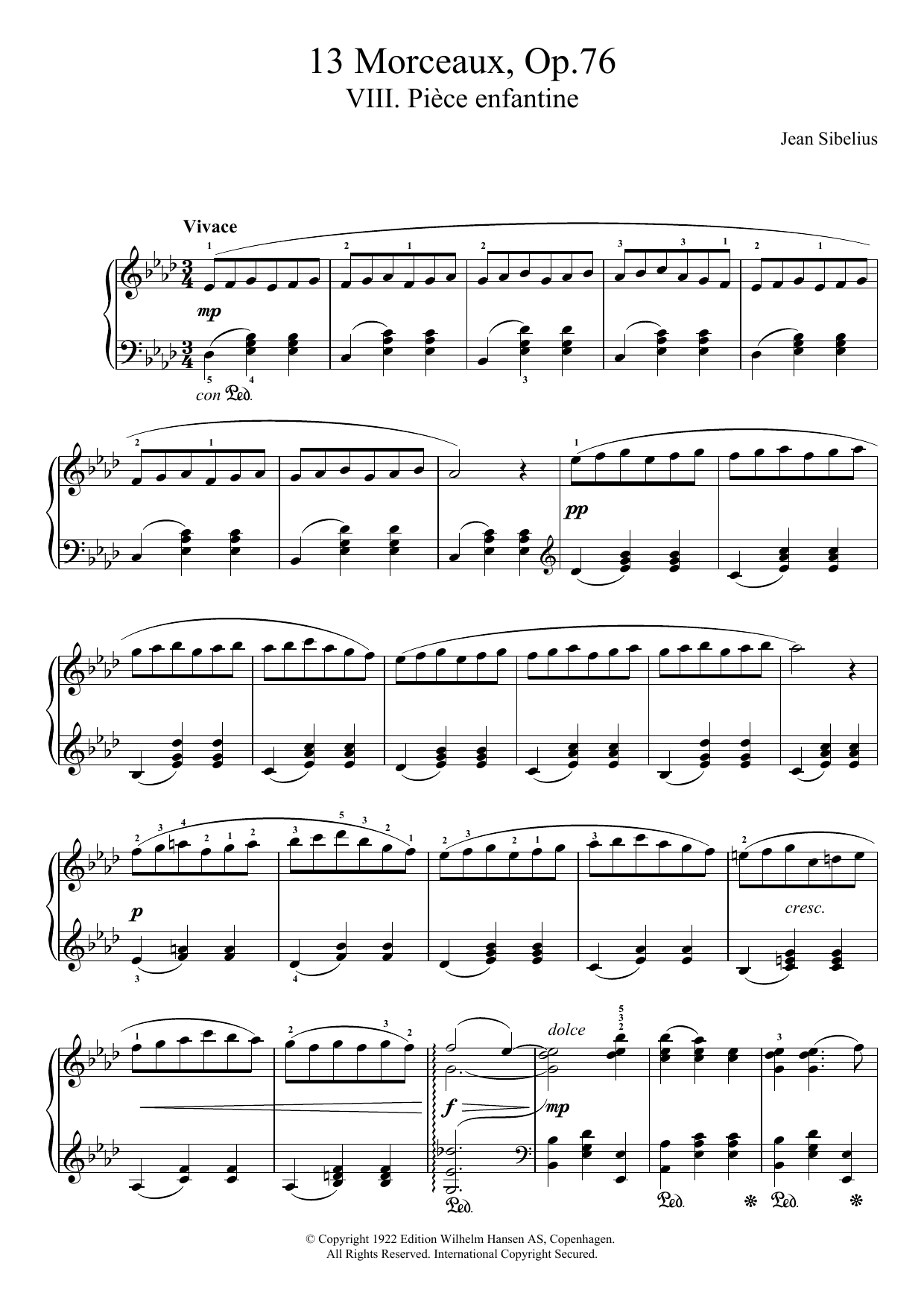 Jean Sibelius 13 Morceaux, Op.76 - VIII. Piece Enfantine sheet music notes and chords arranged for Piano Solo