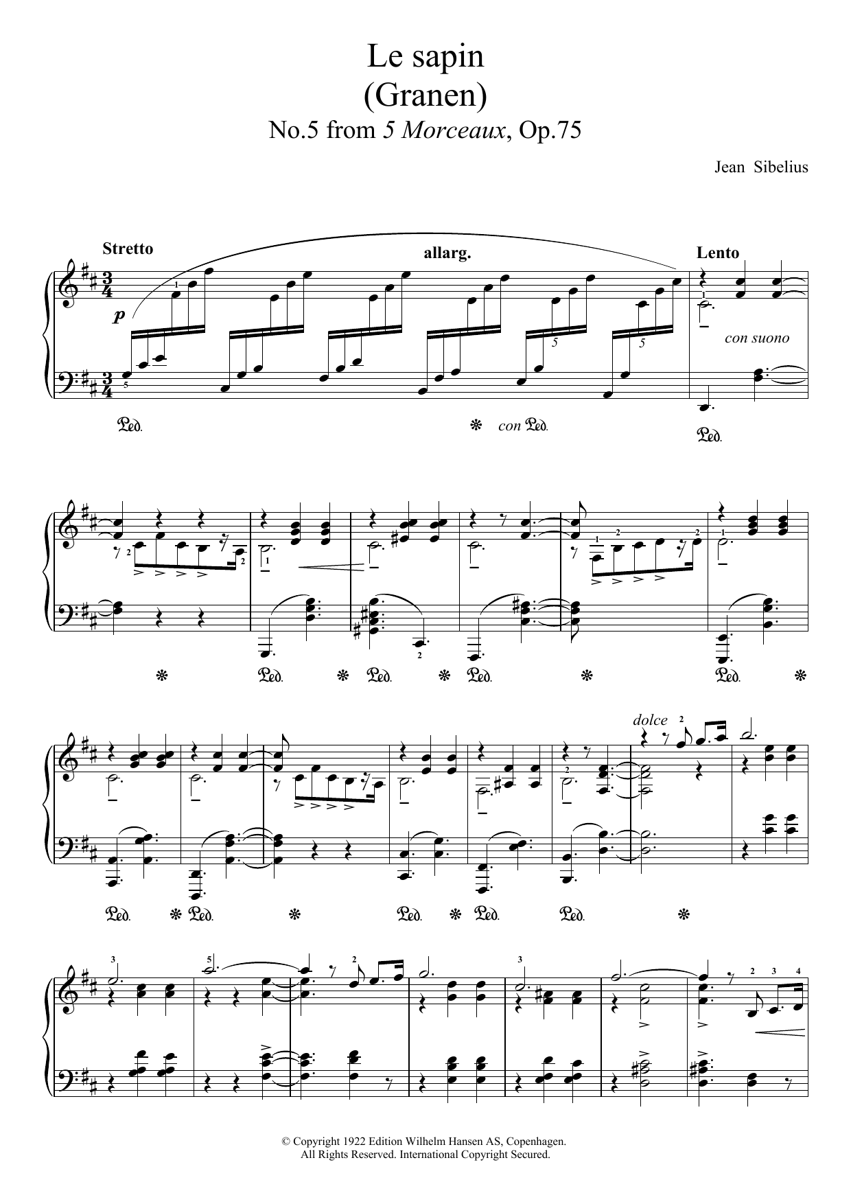 Jean Sibelius 5 Morceaux, Op.75 - V. Le Sapin sheet music notes and chords arranged for Piano Solo