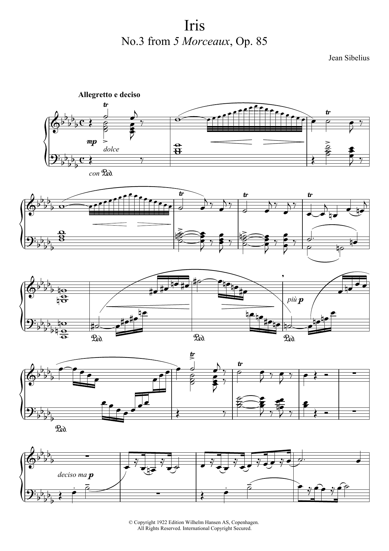 Jean Sibelius 5 Morceaux, Op.85 - III. Iris sheet music notes and chords arranged for Piano Solo