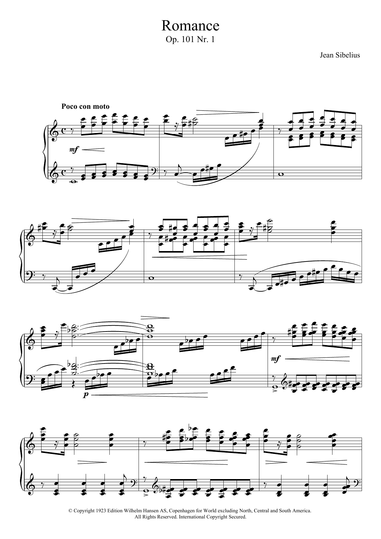 Jean Sibelius 5 Morceaux Romantiques, Op.101 - I. Romance sheet music notes and chords arranged for Piano Solo